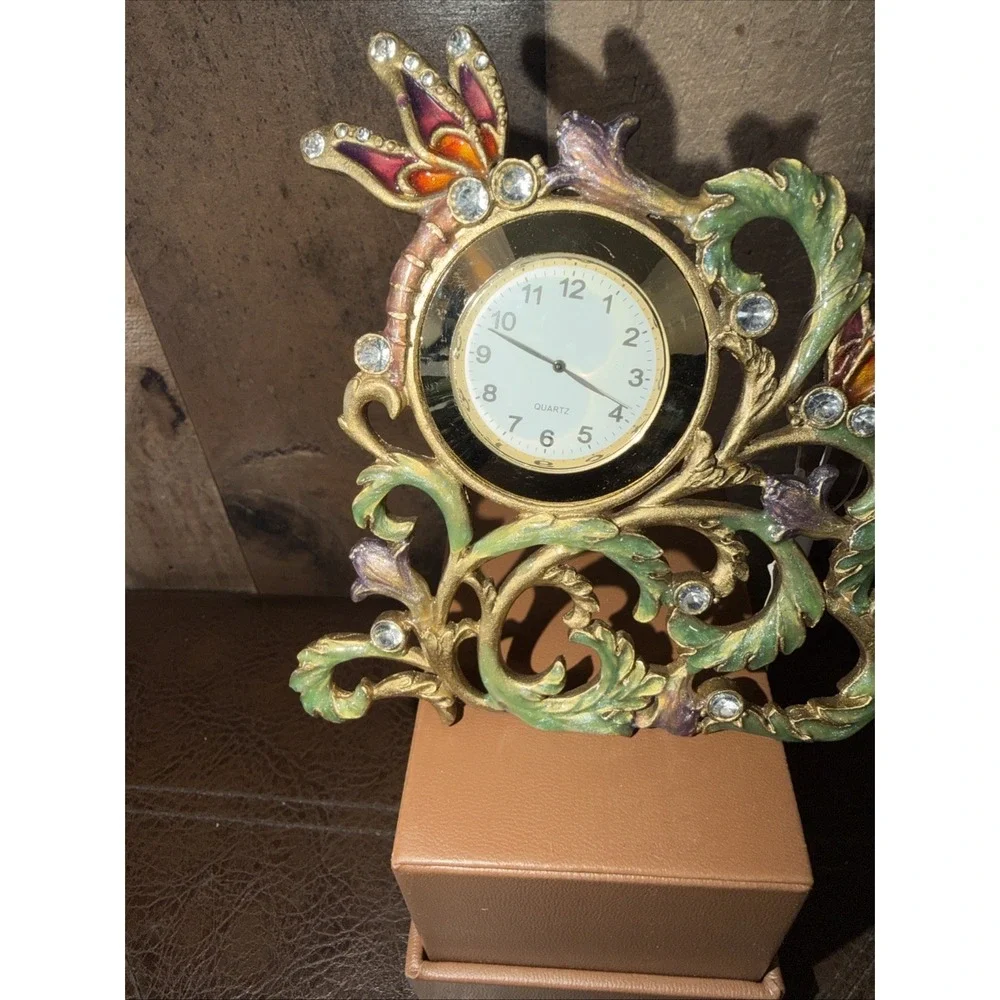 Vintage Jeweled Enamel Dragonfly Desk Clock Gold Tone Floral Tested New Battery